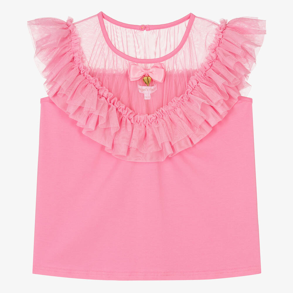 Angel's Face - Teen Girls Pink Cotton & Tulle Charm Top | Childrensalon