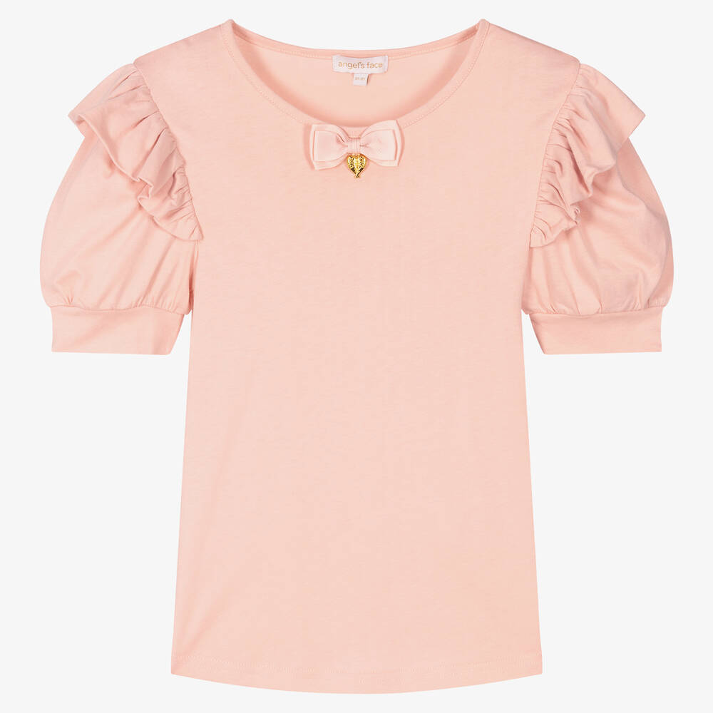 Angel's Face - Розовая хлопковая футболка с рюшами | Childrensalon