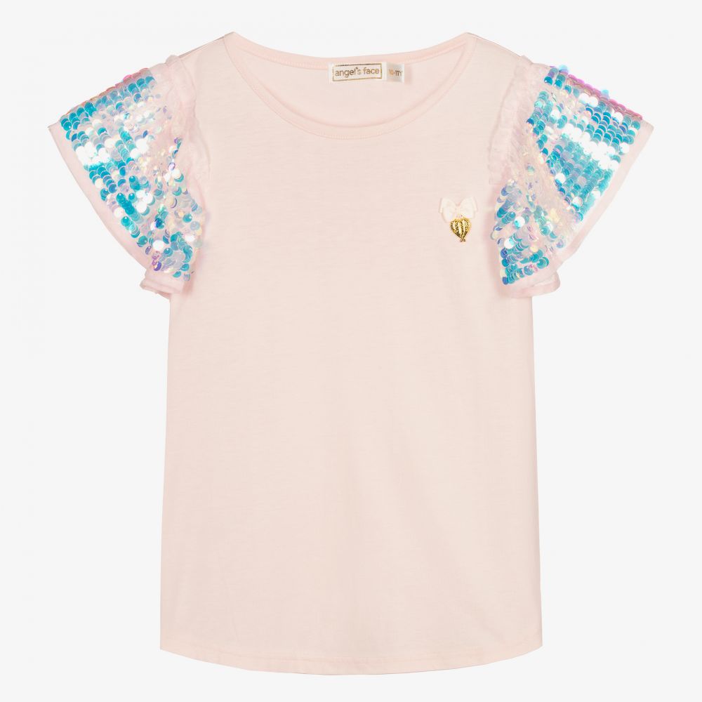 Angel's Face - Rosa Teen T-Shirt mit Pailletten (M) | Childrensalon
