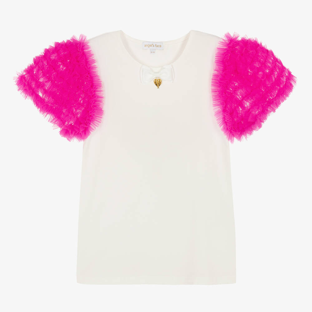 Angel's Face - Teen Girls White & Neon Pink Tulle T-Shirt | Childrensalon