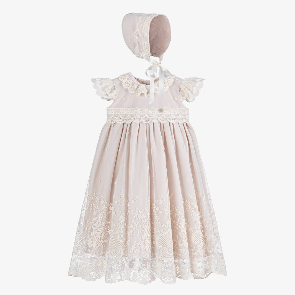 Artesanía Granlei - Baby Girls Beige Ceremony Dress & Bonnet Set | Childrensalon