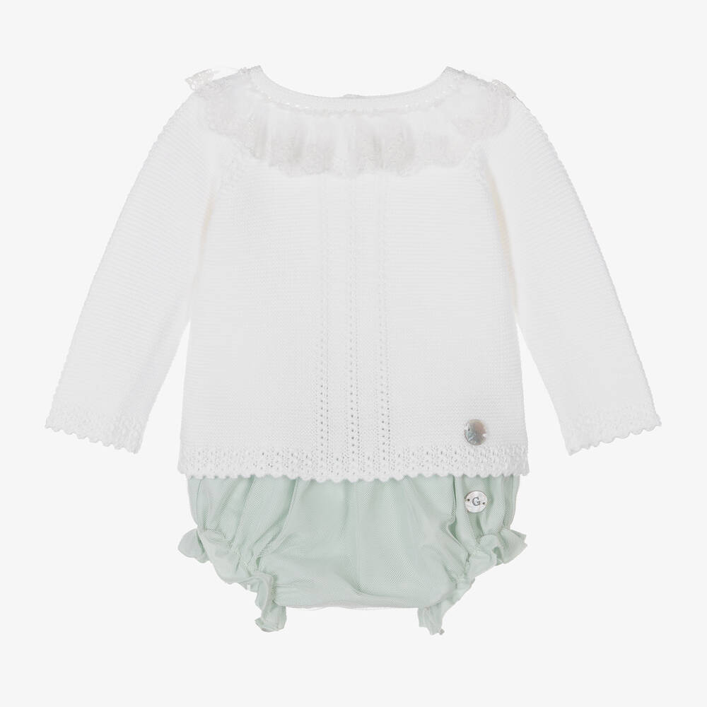 Artesanía Granlei - Baby Girls Ivory & Green Shorts Set | Childrensalon