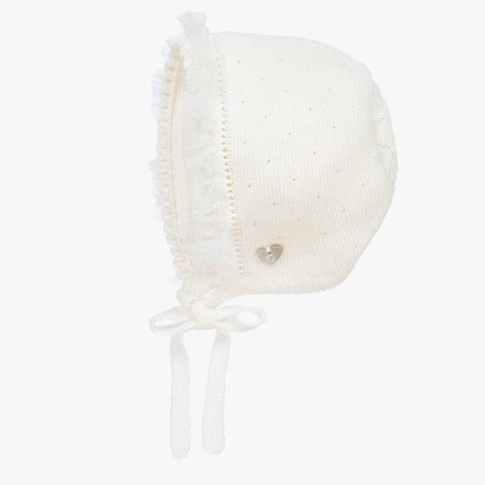 Artesanía Granlei - Baby Girls Ivory Knit & Tulle Trim Bonnet | Childrensalon
