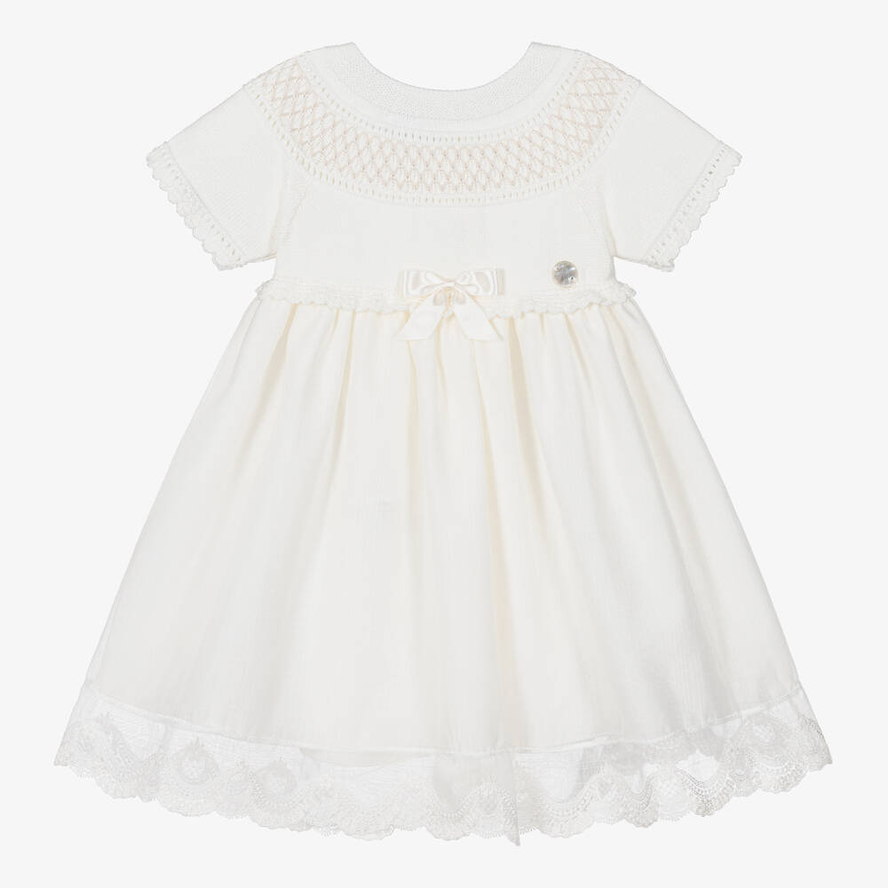 Artesania Granlei Baby Girls Ivory Knitted Cotton Dress