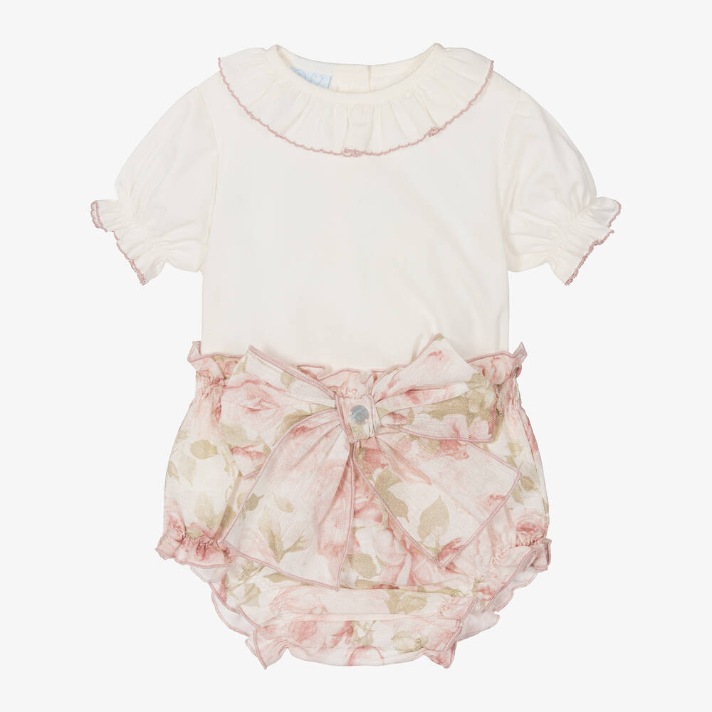 Artesanía Granlei - Baby Girls Ivory & Pink Floral Shorts Set | Childrensalon