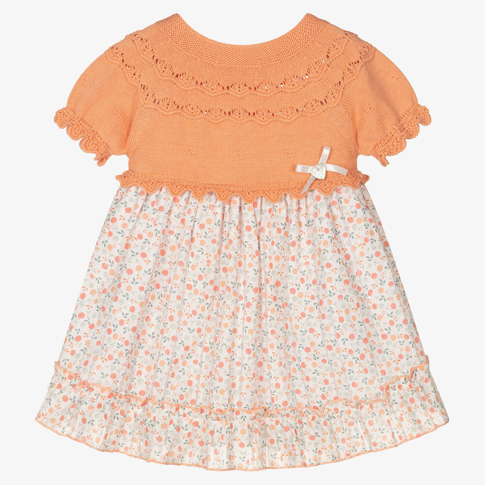 Artesania Granlei Baby Girls Orange Cotton Floral Knit Dress