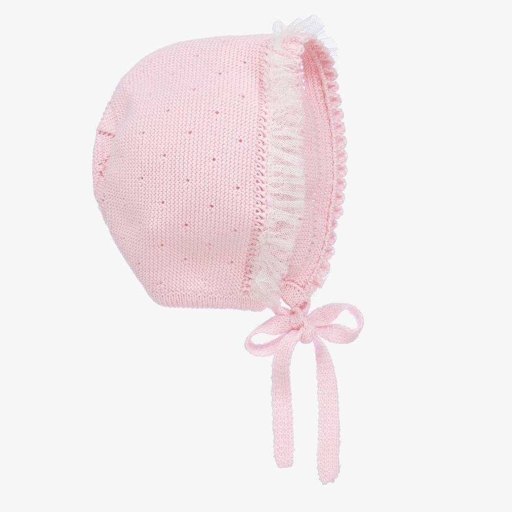 Artesanía Granlei - Baby Girls Pink Knit & Tulle Trim Bonnet | Childrensalon