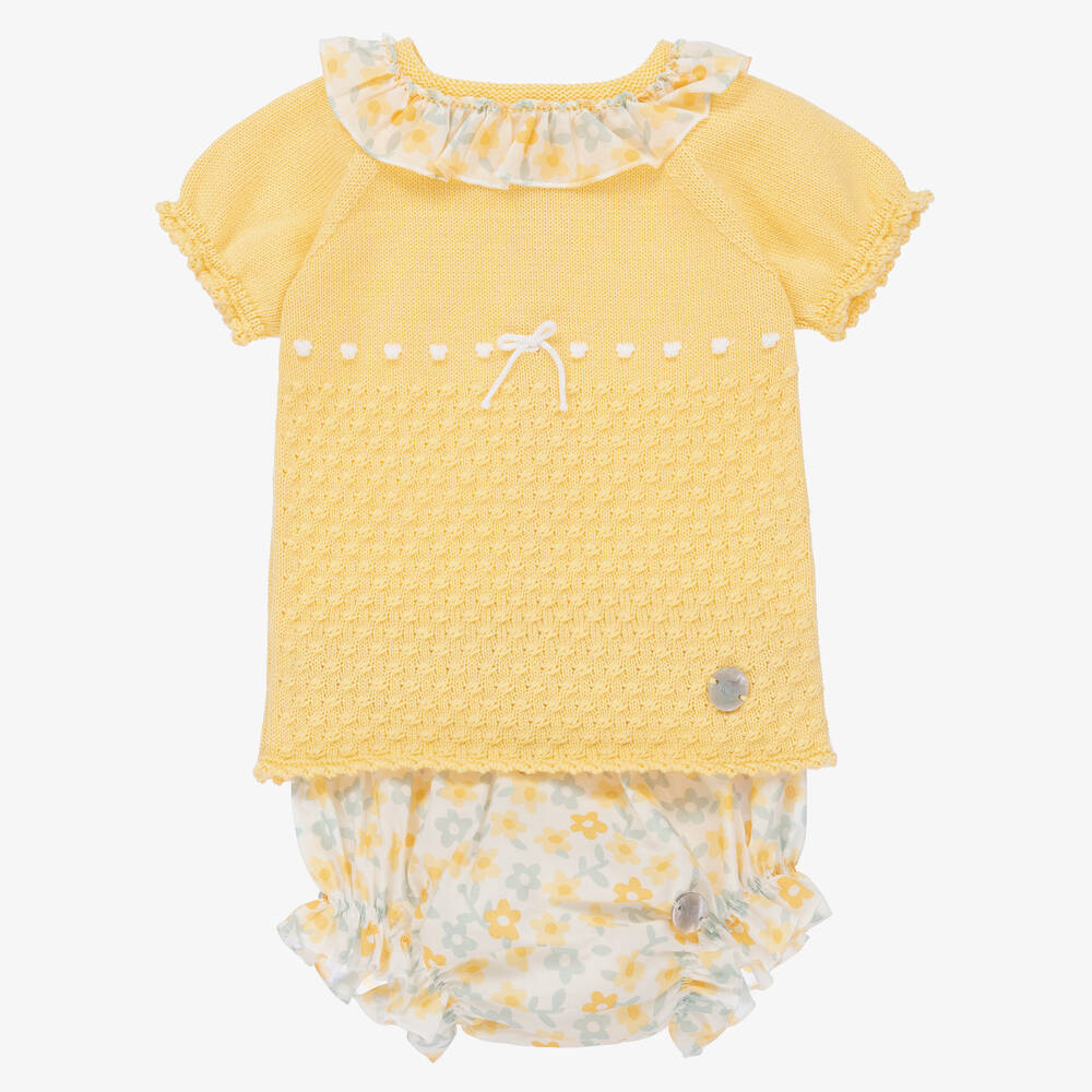 Artesania Granlei Baby Girls Yellow Floral Knit Shorts Set