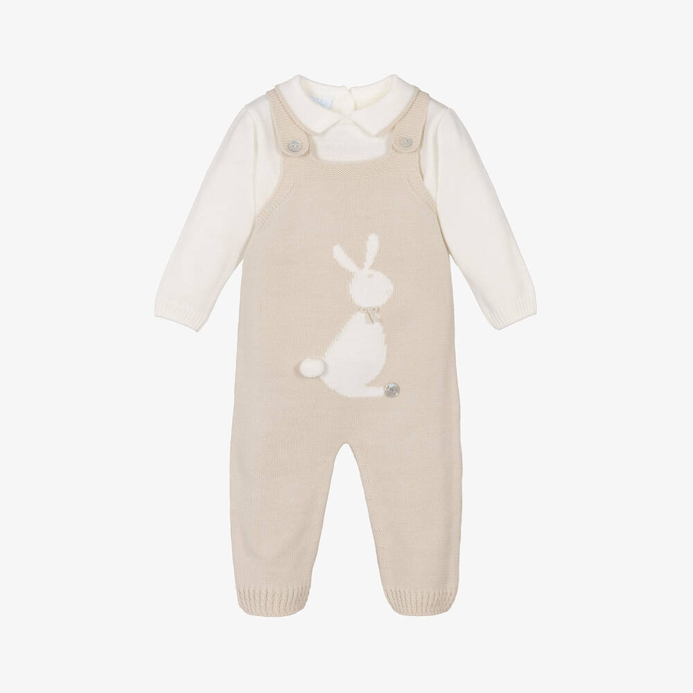 Artesania Granlei Babies' Beige Knitted Bunny Dungaree Set In Neutral