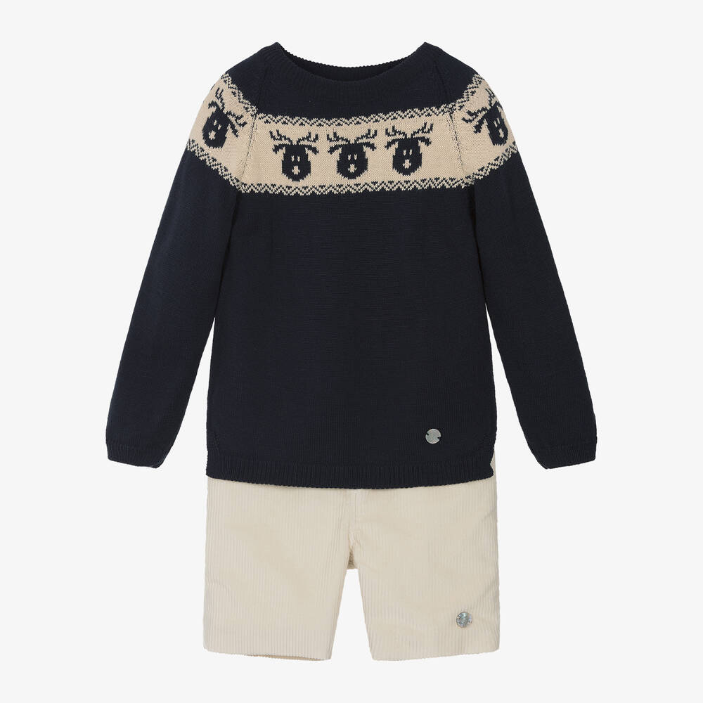 Artesanía Granlei - Boys Blue & Beige Reindeer Shorts Set | Childrensalon