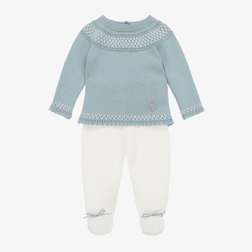 Artesanía Granlei - Boys Blue Knitted 2 Piece Babygrow | Childrensalon