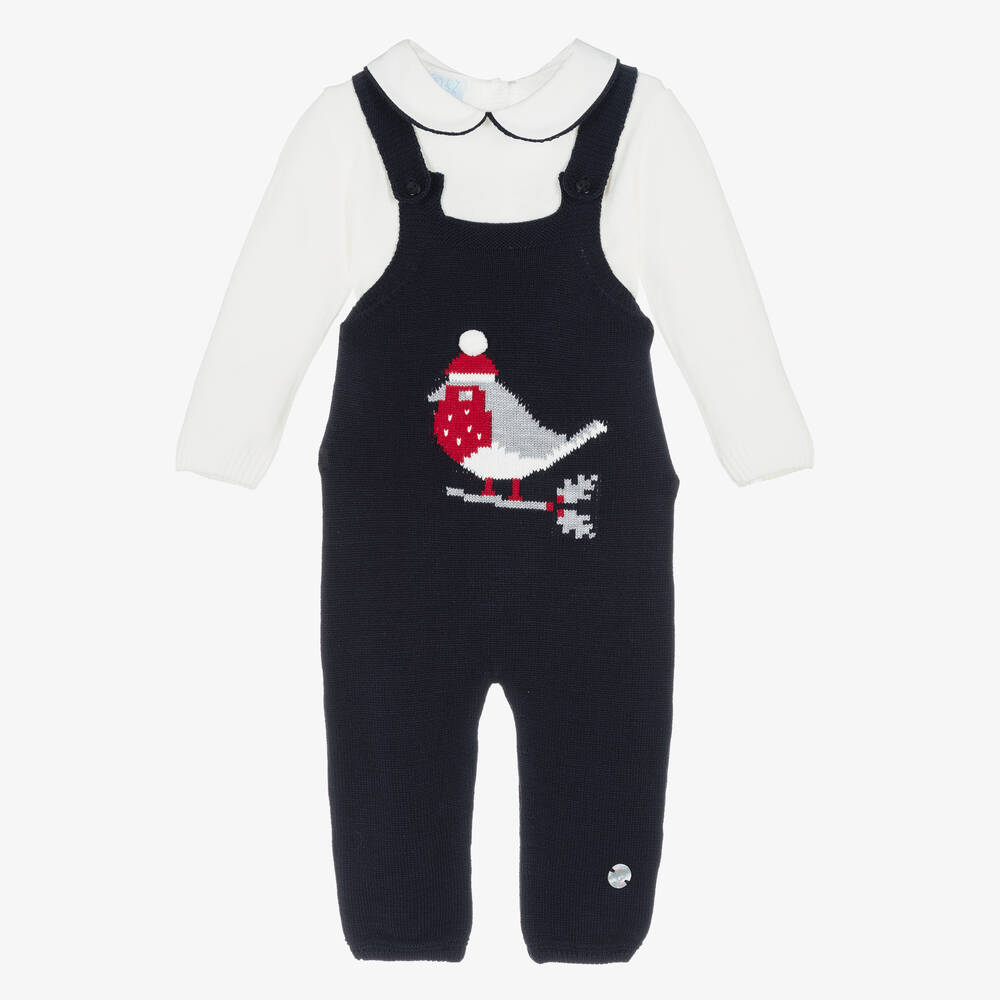 Artesanía Granlei - Boys Blue Knitted Robin Dungaree Set | Childrensalon