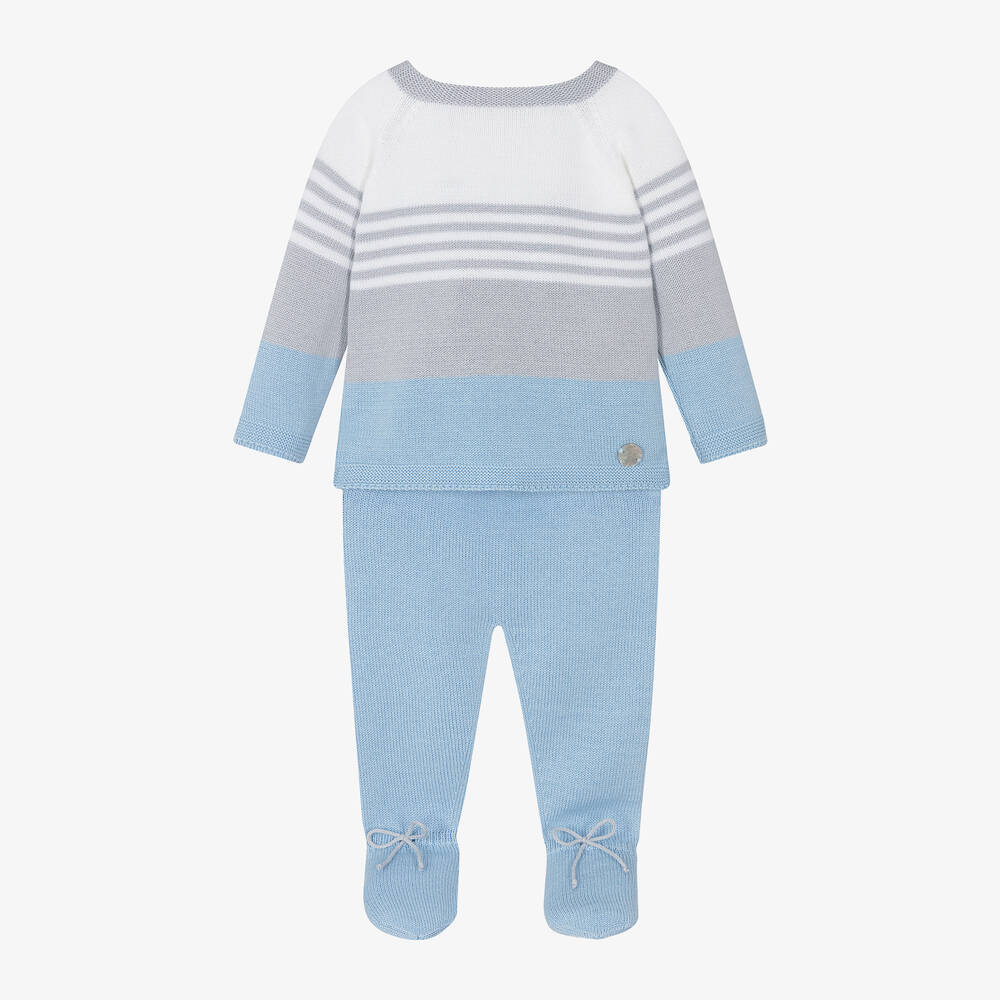Artesanía Granlei - Boys Blue Stripe Knitted 2 Piece Babygrow | Childrensalon