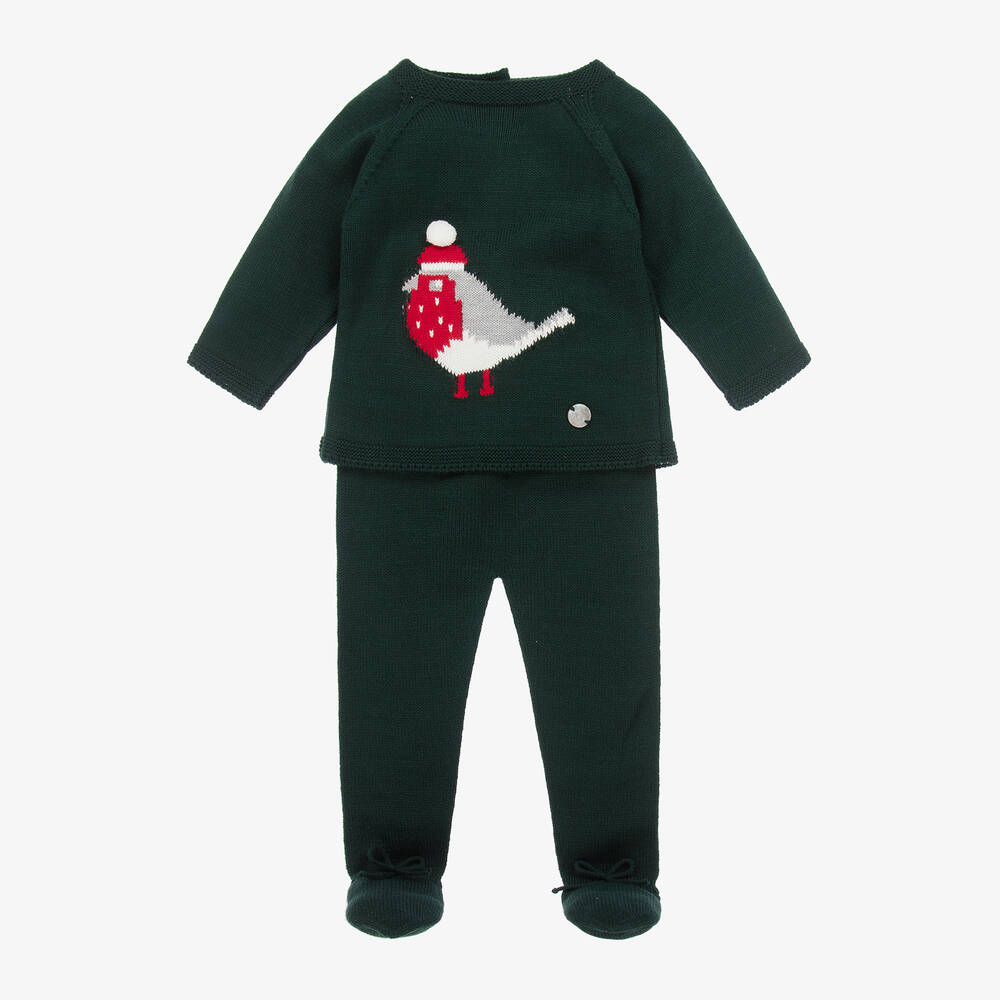 Artesanía Granlei - Boys Green Knitted 2 Piece Robin Babygrow | Childrensalon