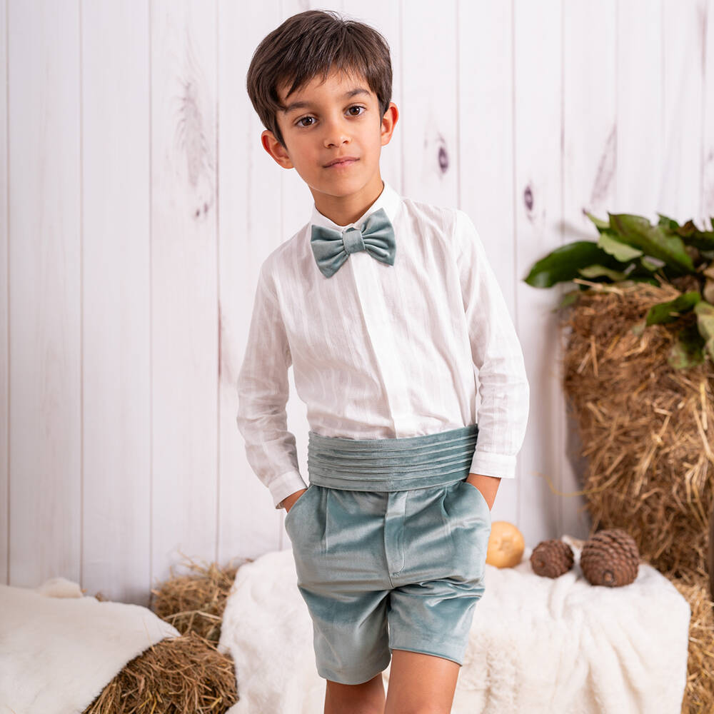 Artesanía Granlei-Boys Green Velvet Shorts Set | Childrensalon