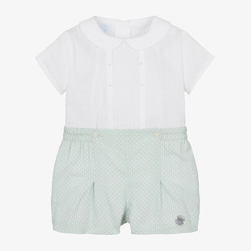 Artesanía Granlei - Boys Green & White Cotton Buster Suit | Childrensalon