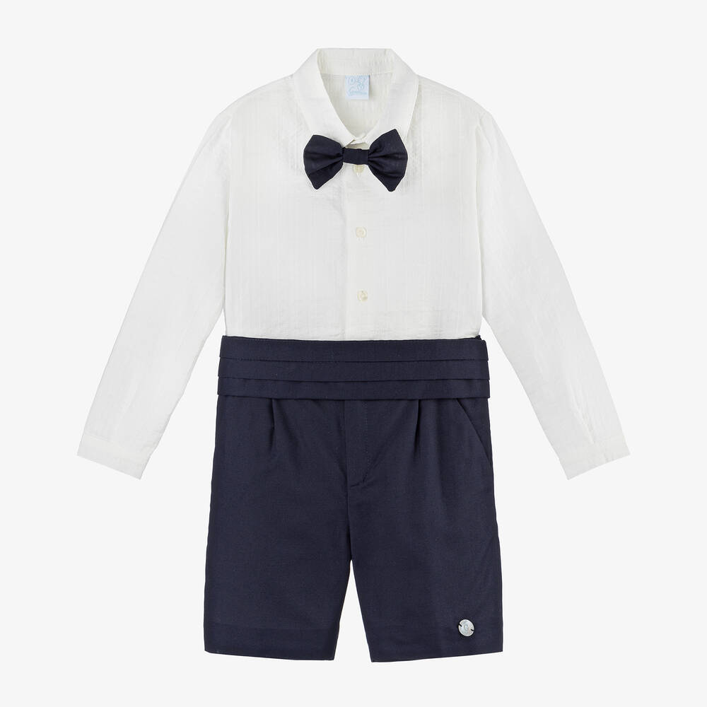 Artesanía Granlei - Boys Ivory & Navy Blue Cotton Shorts Set | Childrensalon