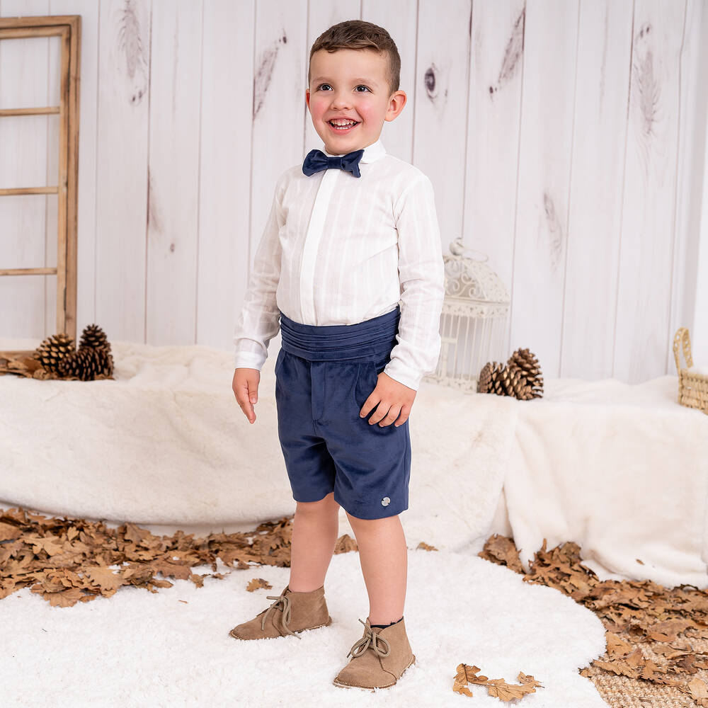 Artesanía Granlei-Boys Navy Blue Velvet Shorts Set | Childrensalon