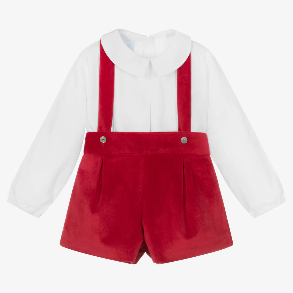Artesanía Granlei - Boys Red Cotton Velvet Shorts Set | Childrensalon