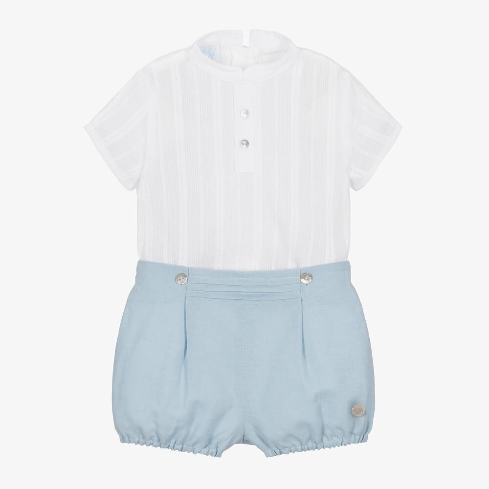 Artesanía Granlei - Boys White & Blue Cotton Buster Suit | Childrensalon