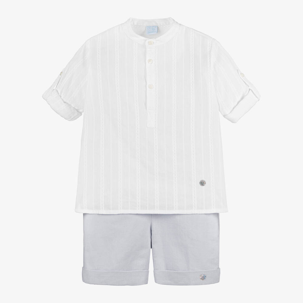 Artesanía Granlei - Boys White & Grey Cotton Shorts Set | Childrensalon