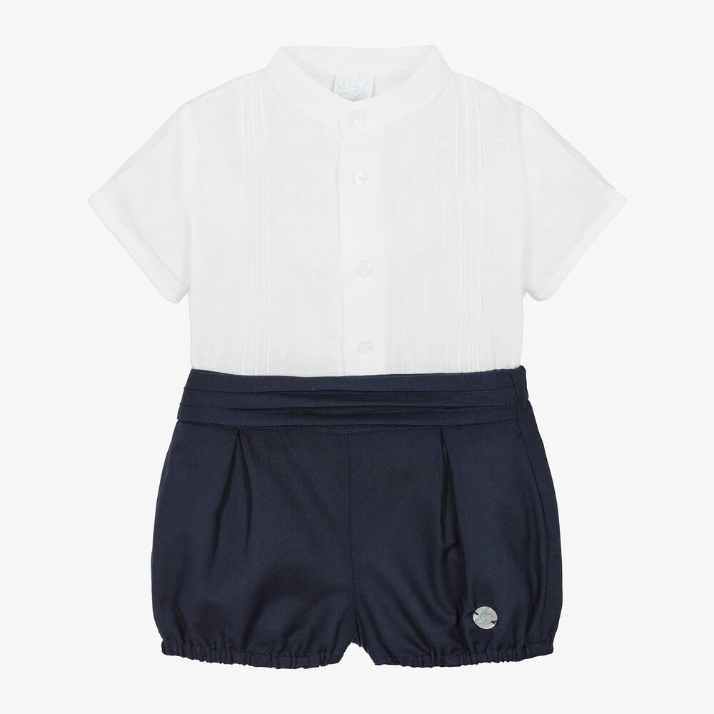 Artesanía Granlei - Boys White & Navy Blue Organic Cotton Shorts Set | Childrensalon
