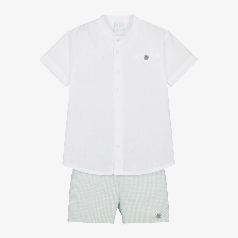 Artesanía Granlei - طقم شورت وقميص قطن لون أبيض وأخضر للأولاد | Childrensalon