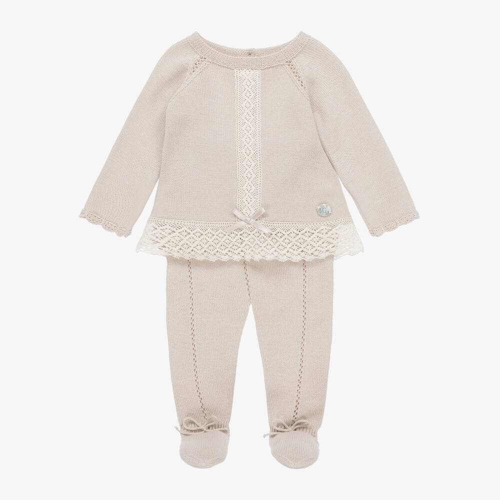 Artesanía Granlei - Girls Beige Knitted Lace 2 Piece Babygrow | Childrensalon