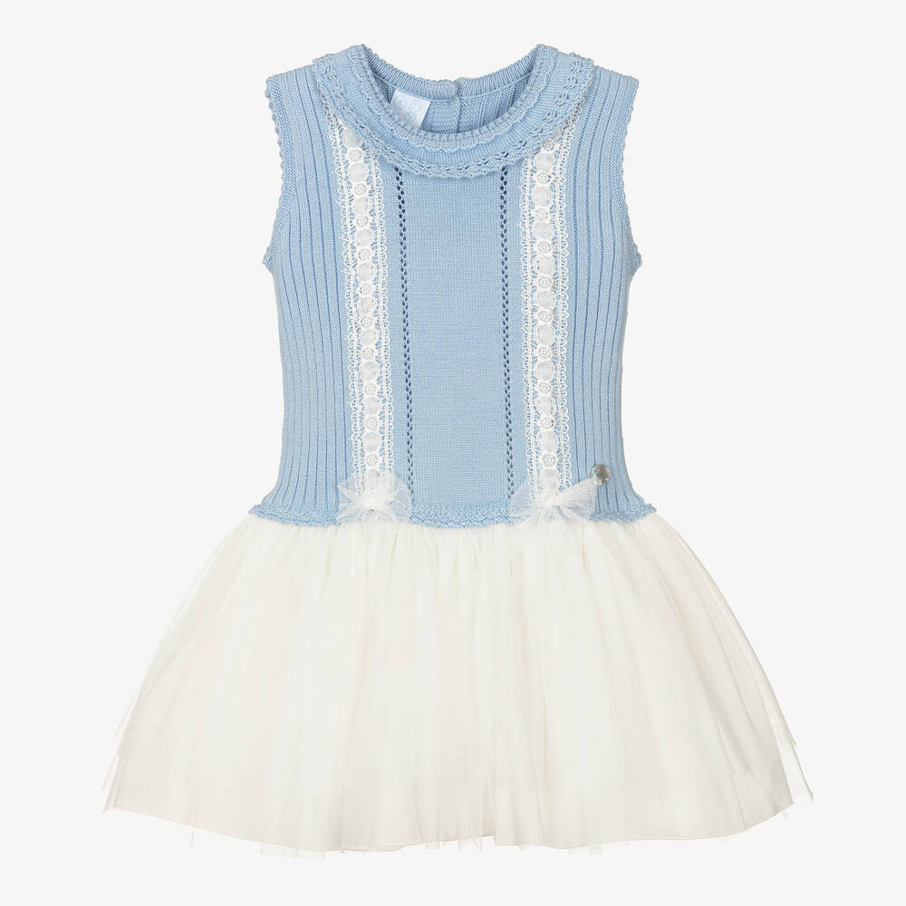 Artesania Granlei Babies' Girls Blue Cotton Knit Tulle Dress