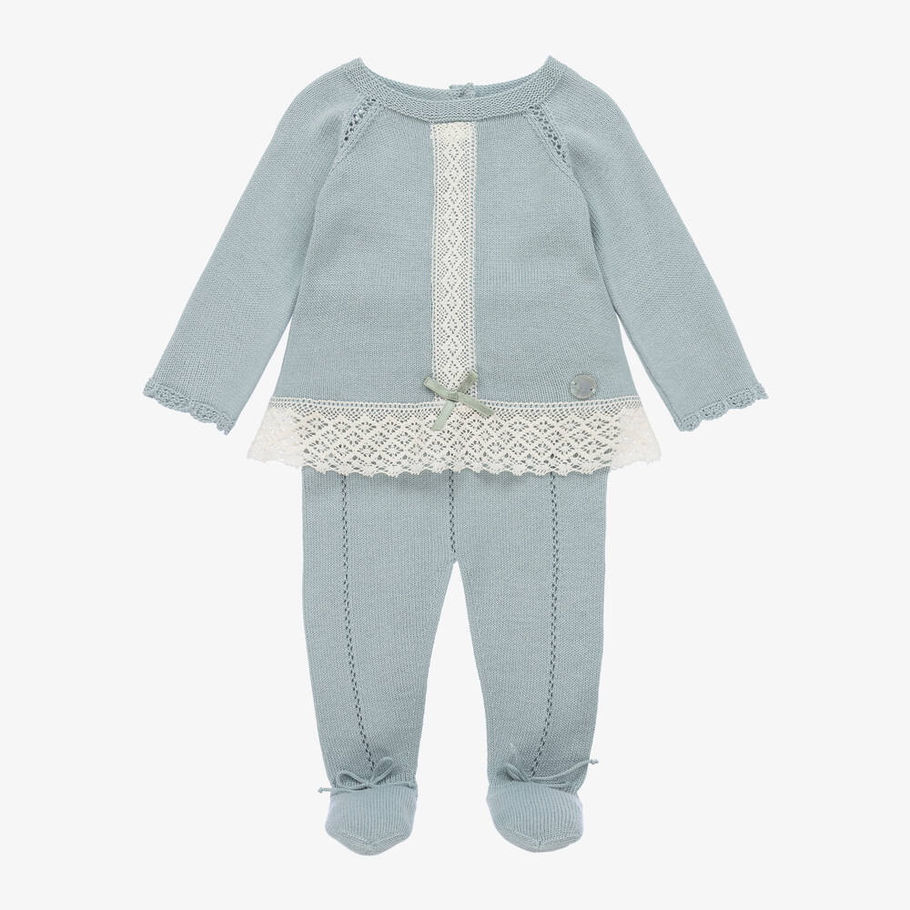 Artesanía Granlei - Girls Blue Knitted Lace 2 Piece Babygrow | Childrensalon