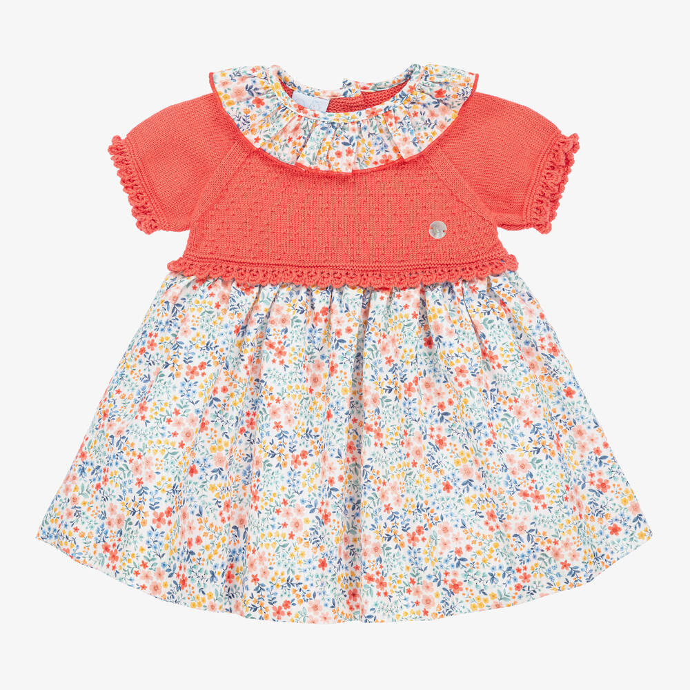 Artesanía Granlei - Girls Coral Pink Cotton Knit Floral Dress | Childrensalon