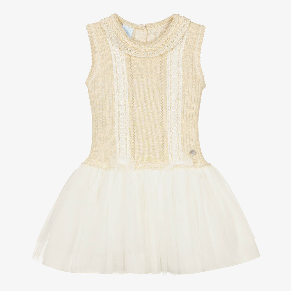Artesania Granlei Babies' Girls Gold Cotton Knit Tulle Dress