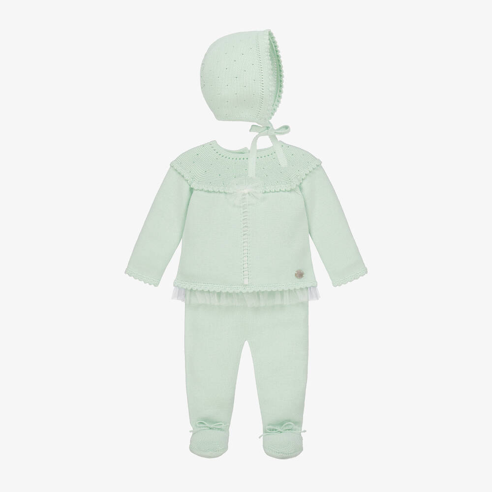 Artesanía Granlei - Girls Green Knitted Babysuit Set | Childrensalon