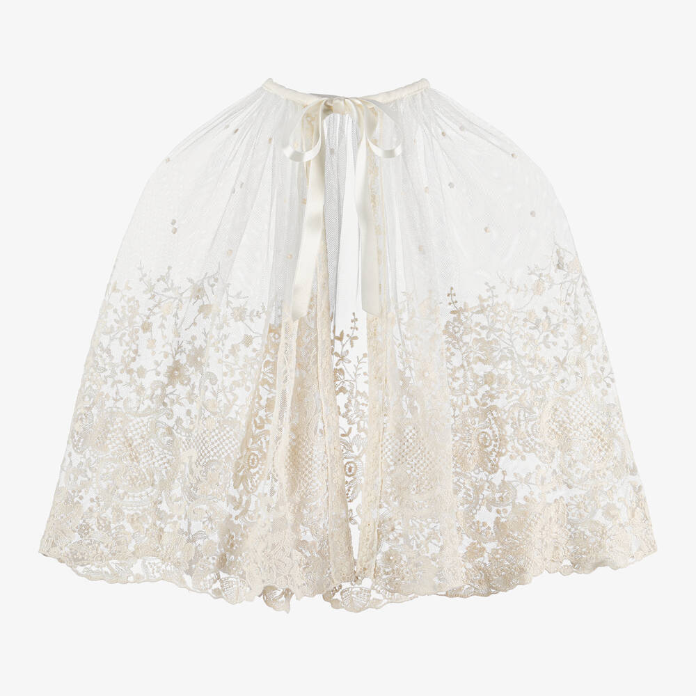 Artesania Granlei Kids' Girls Ivory Embroidered Tulle Cape In White