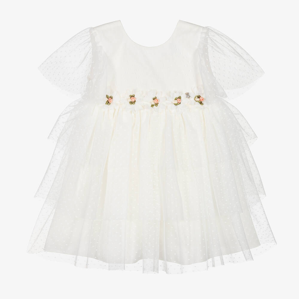 Artesania Granlei Babies' Girls Ivory Embroidered Tulle Dress