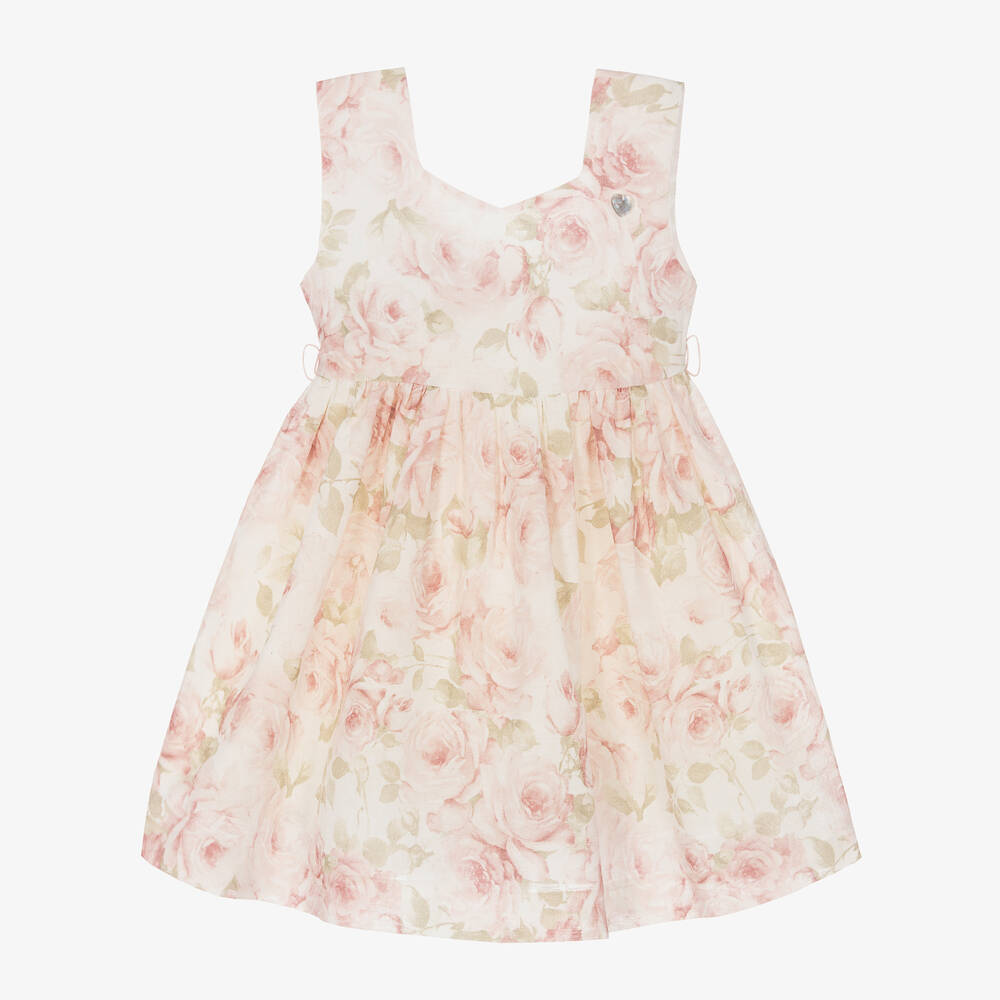 Artesanía Granlei - Girls Pink Floral Cotton & Linen Dress | Childrensalon