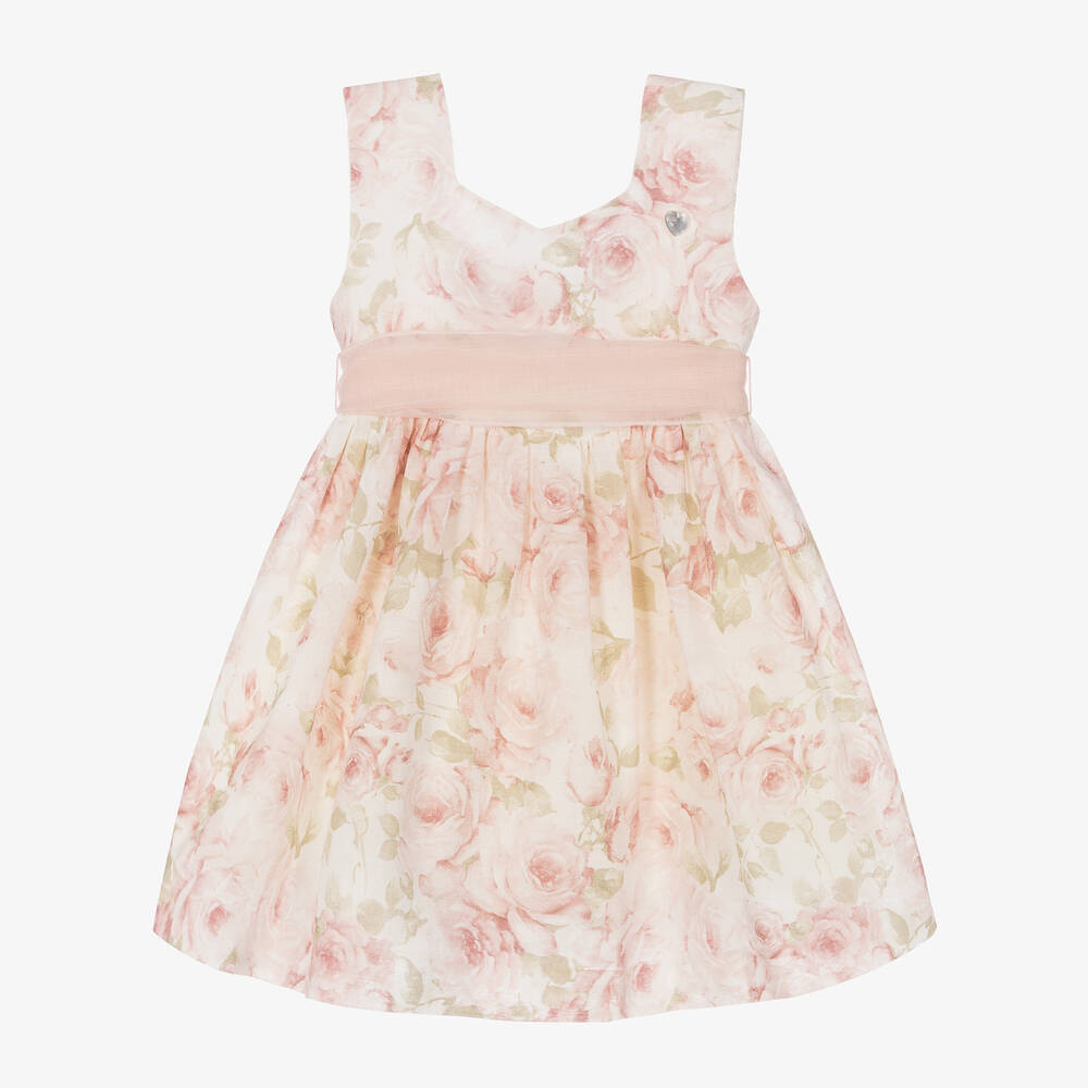 Artesanía Granlei - Girls Pink Floral Cotton & Linen Dress | Childrensalon