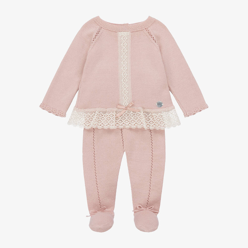 Artesanía Granlei - Girls Pink Knitted Lace 2 Piece Babygrow | Childrensalon