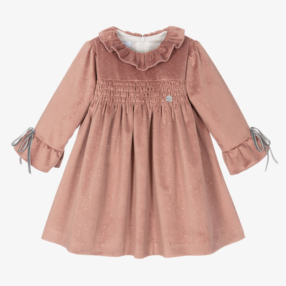 Artesania Granlei Babies' Girls Pink Velour Sparkle Dress In Brown