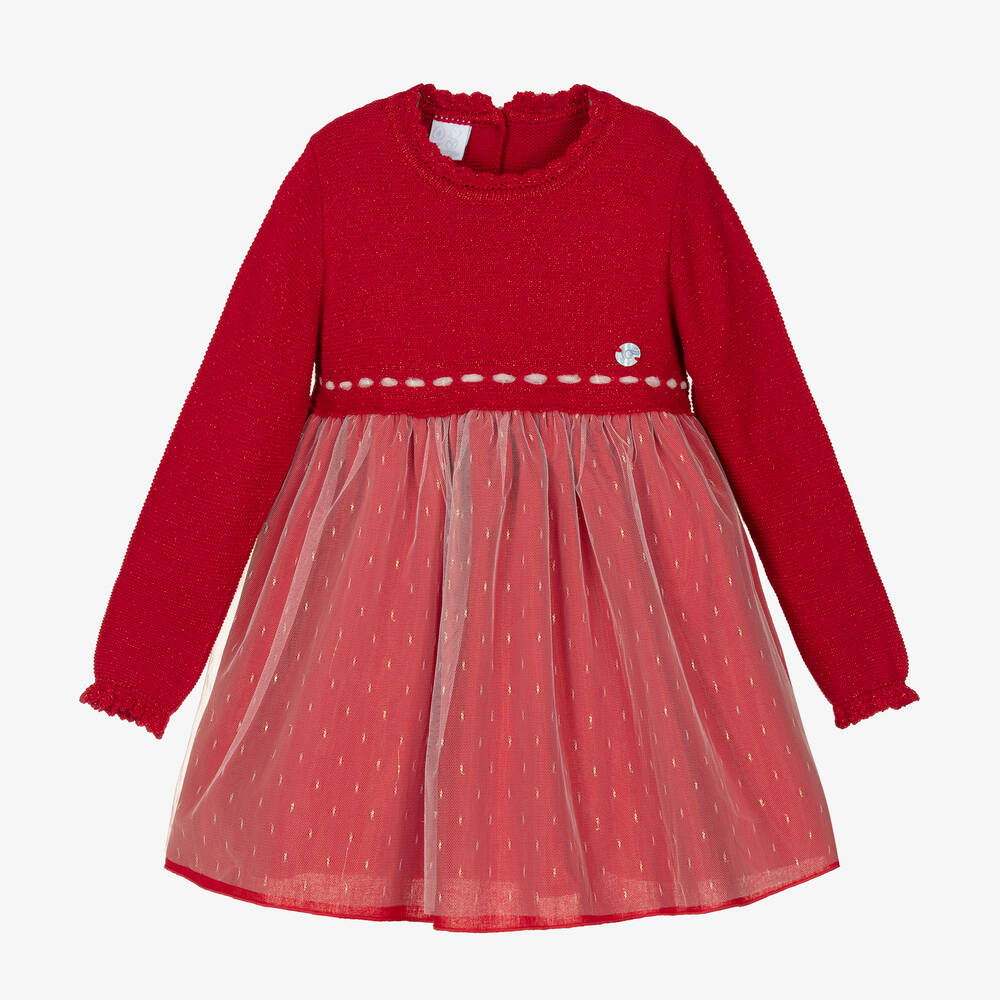 Artesania Granlei Kids' Girls Red Knit & Tulle Dress