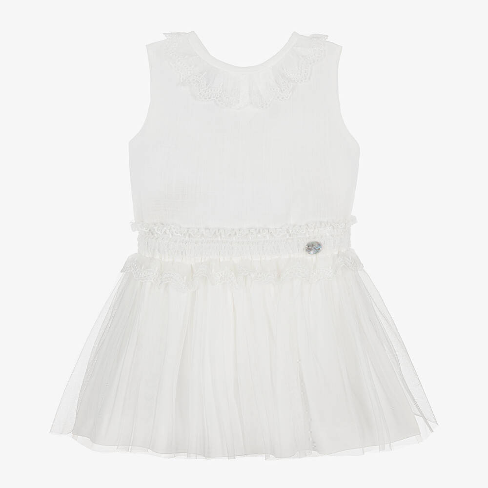 Artesanía Granlei - Girls White Cotton & Tulle Skirt Set | Childrensalon