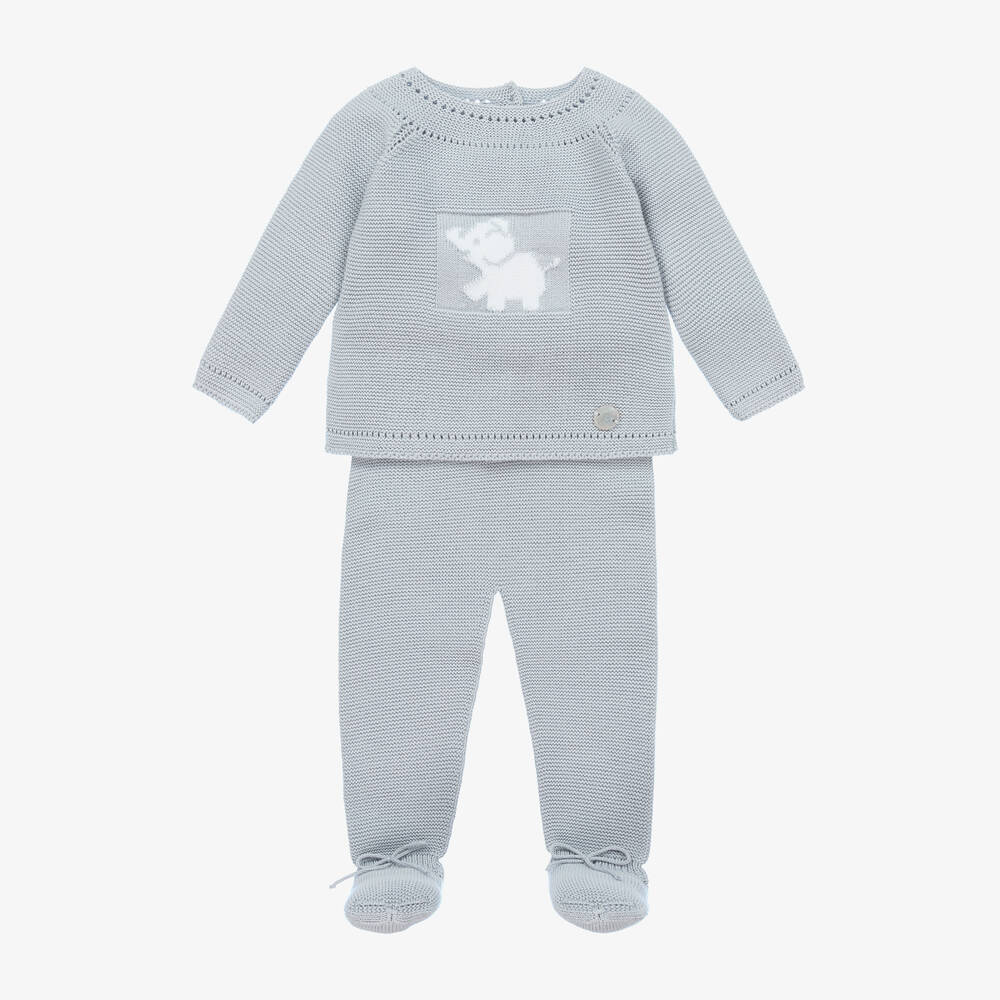 Artesanía Granlei - Grey Elephant Knitted 2 Piece Babygrow | Childrensalon