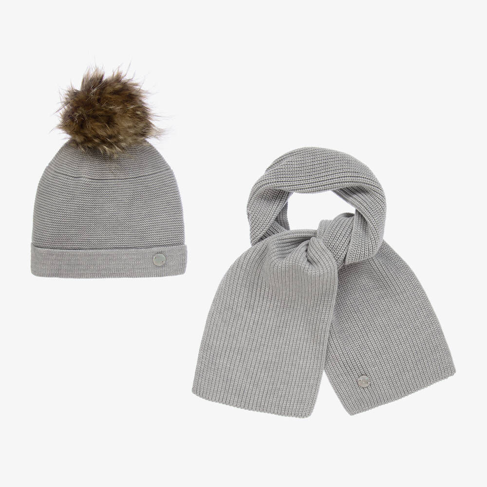 Artesania Granlei Babies' Grey Knitted Hat & Scarf Set In Gray