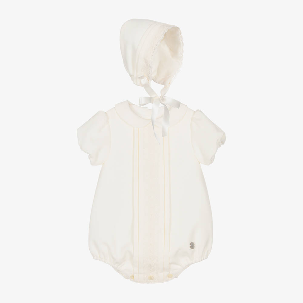 Artesanía Granlei - Ivory Babysuit & Bonnet Set  | Childrensalon