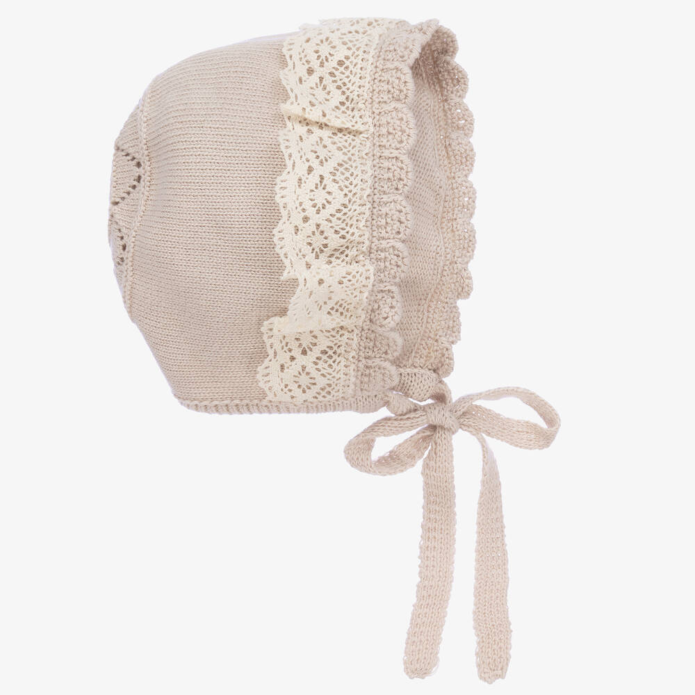 Artesanía Granlei - Lace Trimmed Beige Knit Baby Bonnet | Childrensalon
