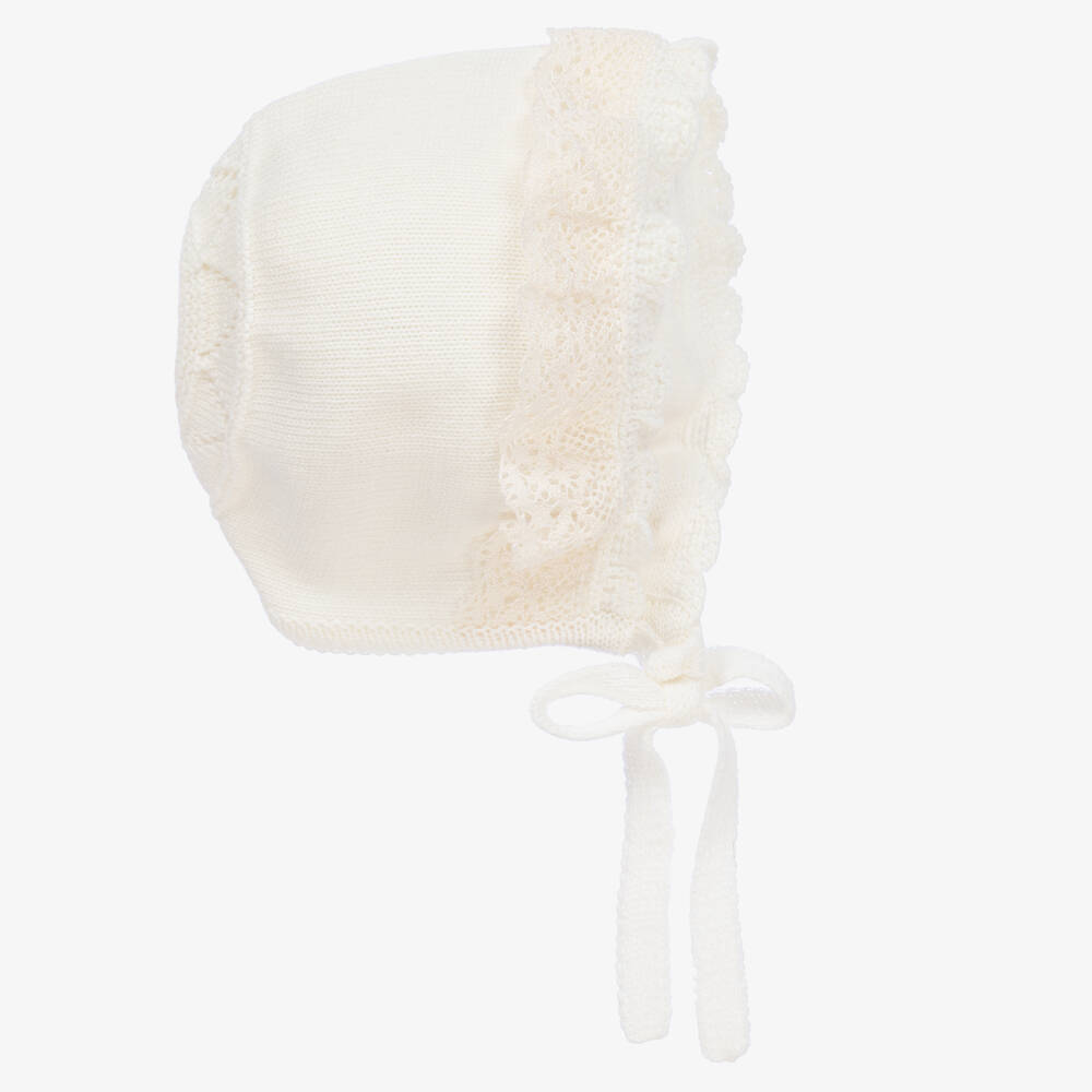 Artesania Granlei Lace Trimmed Ivory Knit Baby Bonnet