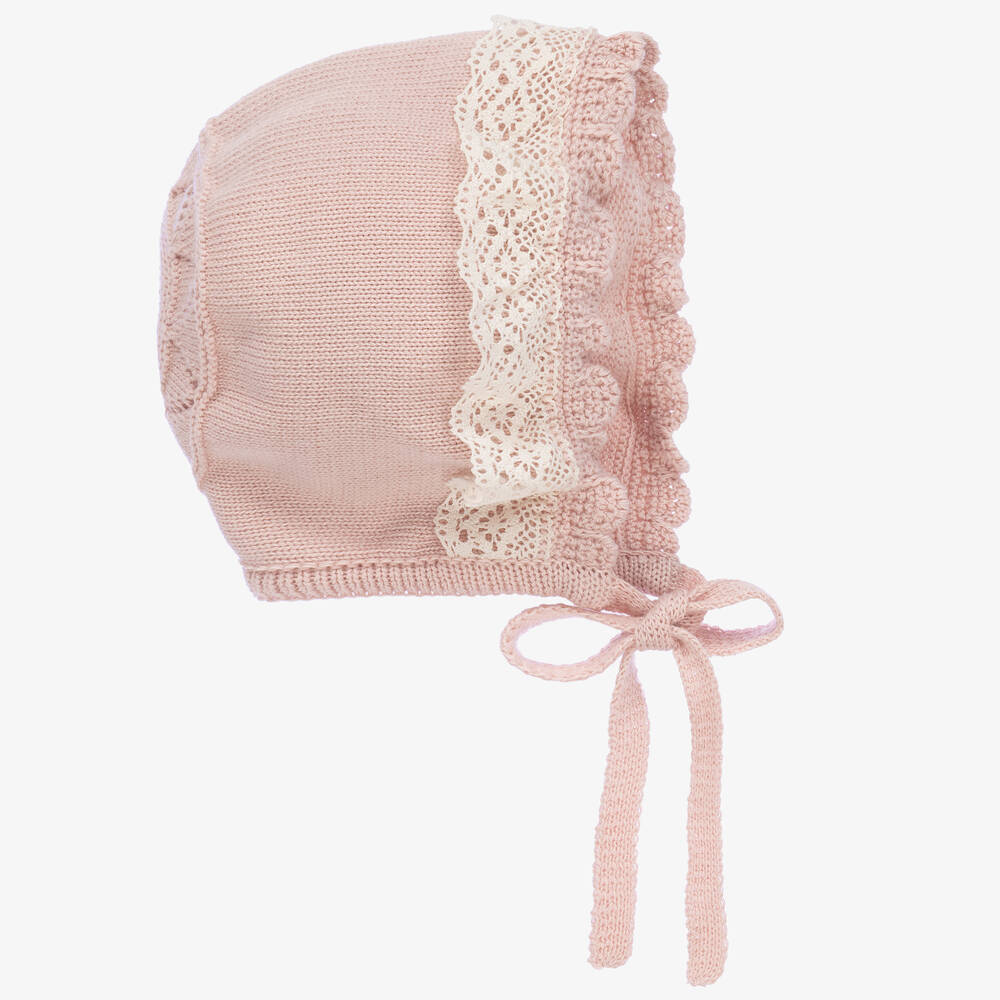 Artesania Granlei Girls Lace Trimmed Pink Knit Baby Bonnet