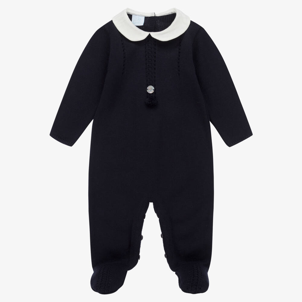 Artesanía Granlei - Navy Blue Pom Pom Knitted Babygrow | Childrensalon