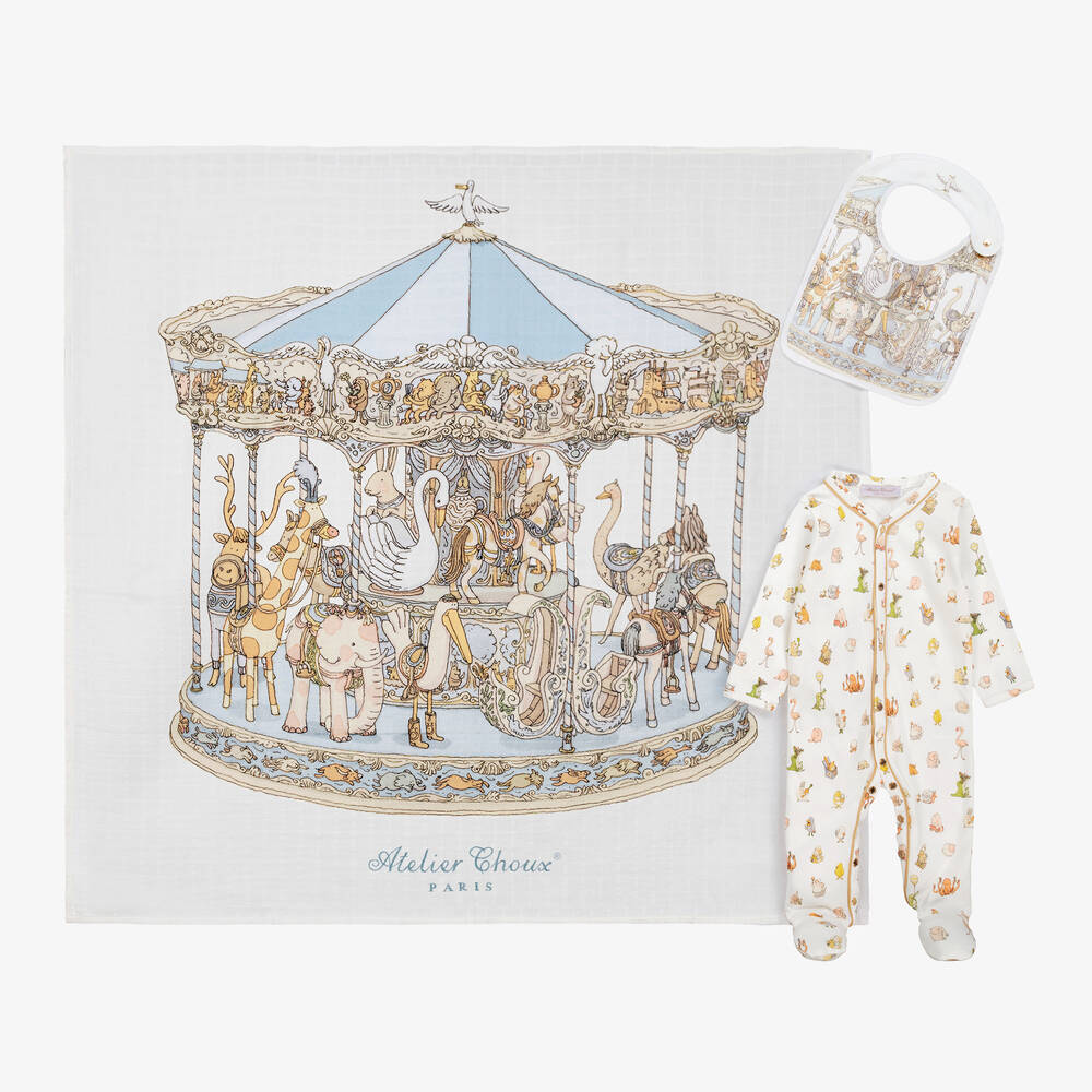Atelier Choux Paris - Ivory & Blue Cotton Babysuit Gift Set | Childrensalon