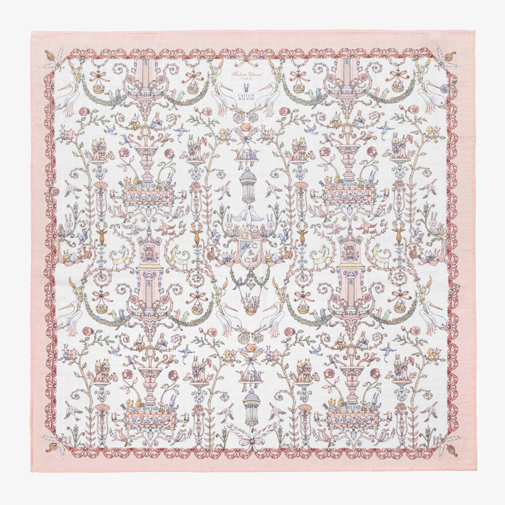 Atelier Choux Paris - Pink Toile De Jouy Cotton Swaddle (95cm) | Childrensalon